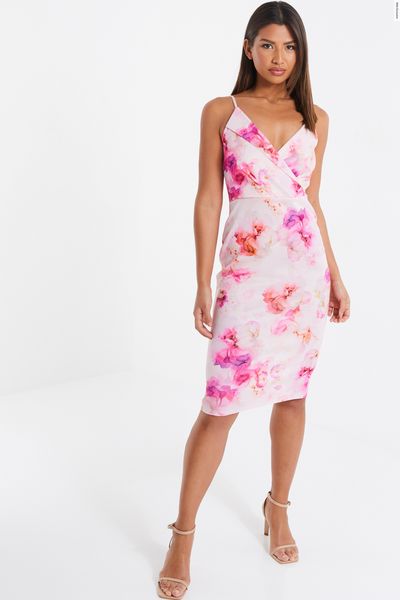 Pink Floral Print Midi Dress